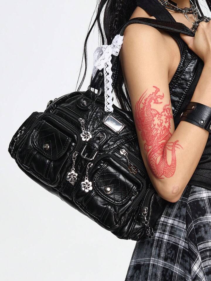 Grunge Punk Fashionable Solid Color PU Leather Bucket Shoulder Bag For Commuting
