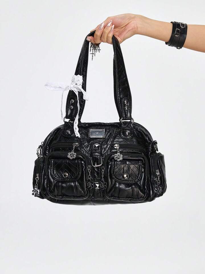 Grunge Punk Fashionable Solid Color PU Leather Bucket Shoulder Bag For Commuting 2 Grunge Punk Fashionable Solid Color PU Leather Bucket Shoulder Bag For Commuting