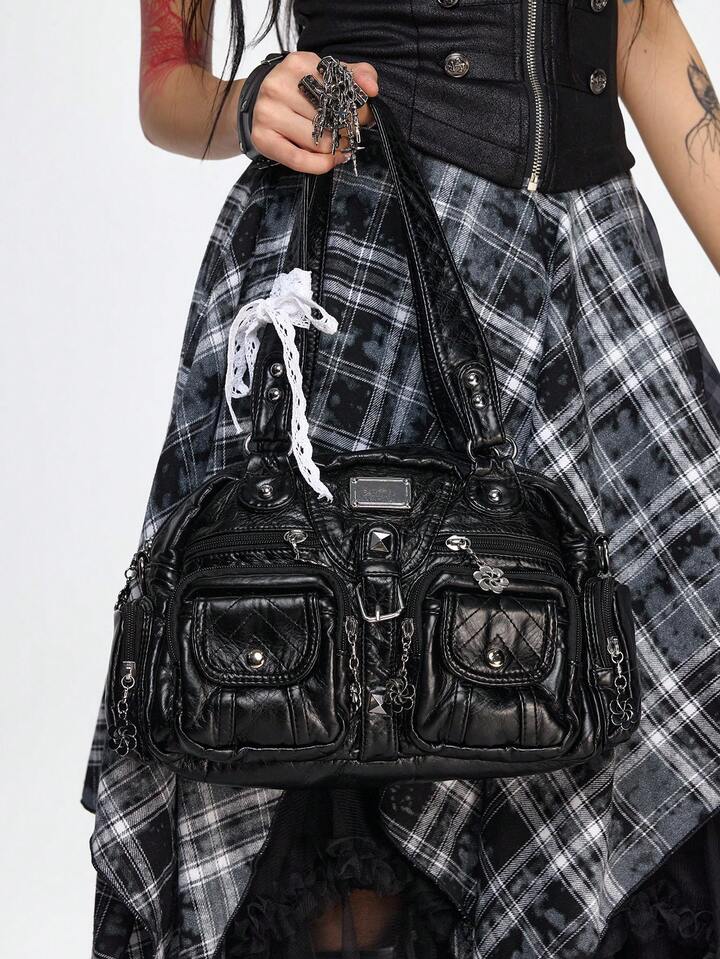 Grunge Punk Fashionable Solid Color PU Leather Bucket Shoulder Bag For Commuting 4 Grunge Punk Fashionable Solid Color PU Leather Bucket Shoulder Bag For Commuting