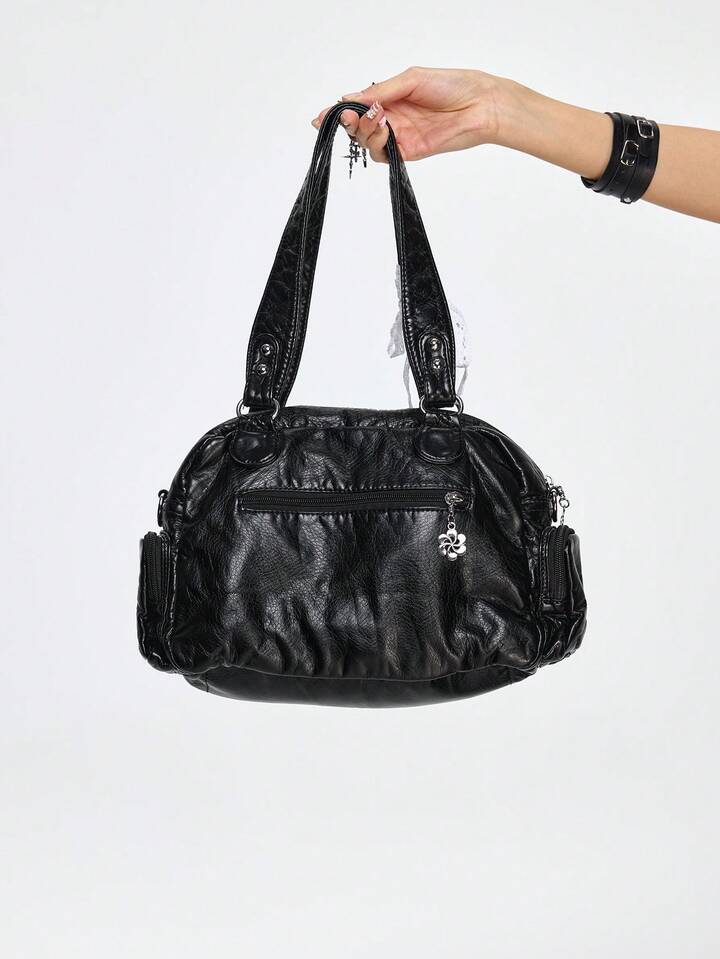 Grunge Punk Fashionable Solid Color PU Leather Bucket Shoulder Bag For Commuting 6 Grunge Punk Fashionable Solid Color PU Leather Bucket Shoulder Bag For Commuting