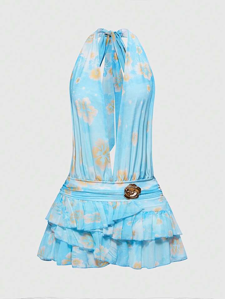 J-Fashion Kawaii Summer Asymmetrical Hem Waist Decor Women Beach Short Dress