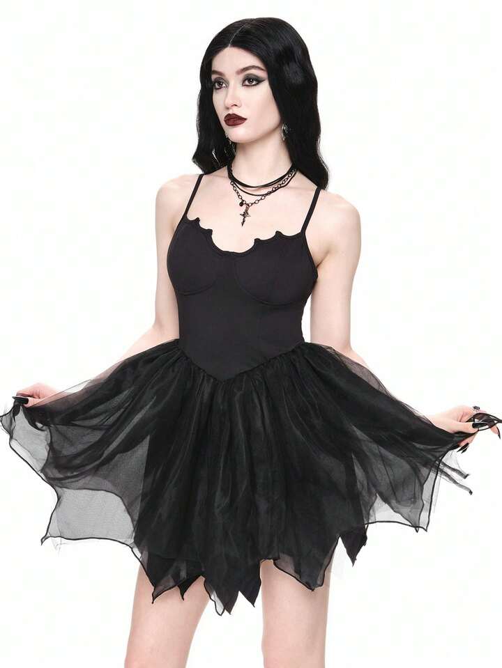 Gothic Sexy Party Dress With Criss-Cross Back Straps, Bat Shape Mesh Bottom, Halloween