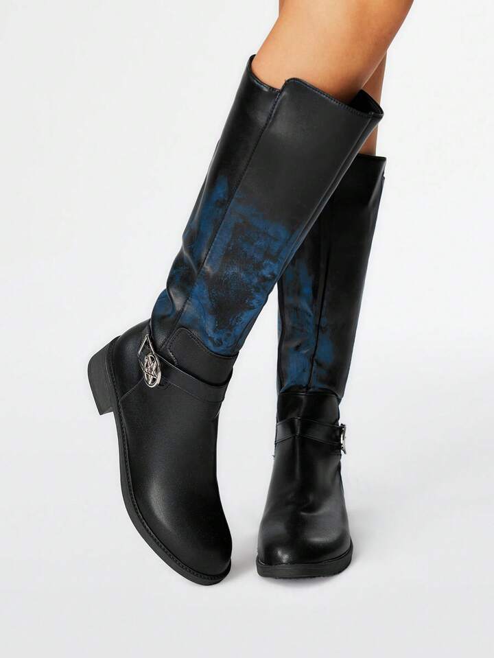 Women's Dark Rock Punk Goth Boots, Flat Leather Buckle Knee-High Boots, Soft Sole Tall Boots, Motorcycle Boots
