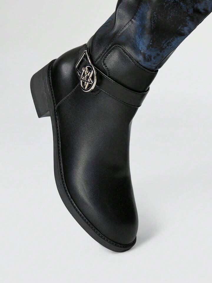 Women's Dark Rock Punk Goth Boots, Flat Leather Buckle Knee-High Boots, Soft Sole Tall Boots, Motorcycle Boots 3 Women's Dark Rock Punk Goth Boots, Flat Leather Buckle Knee-High Boots, Soft Sole Tall Boots, Motorcycle Boots