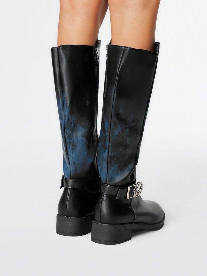 Women's Dark Rock Punk Goth Boots, Flat Leather Buckle Knee-High Boots, Soft Sole Tall Boots, Motorcycle Boots 5 Women's Dark Rock Punk Goth Boots, Flat Leather Buckle Knee-High Boots, Soft Sole Tall Boots, Motorcycle Boots