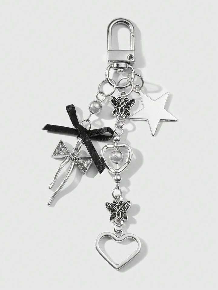 Kawaii 1pc Y2K Minimalist Versatile Highly Attractive Silver Hollow Butterfly Heart Star Black Ribbon Rhinestone Butterfly CCB Bead Keychain, Bag Charm, Earphone Accessory - Suitable For Women, Daily Wear, Gifts