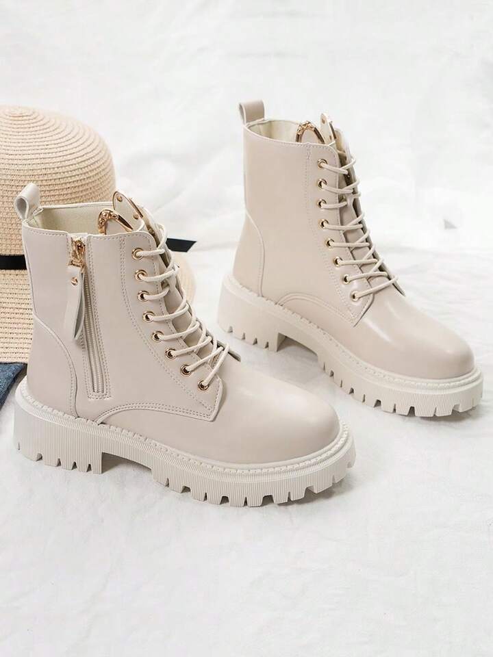 Fall/Winter 2025 New Spring/Autumn Women Thick Sole Boots, White Side Zipper Round Toe Short Boots, British Style Motorcycle Boots,Boots For Women