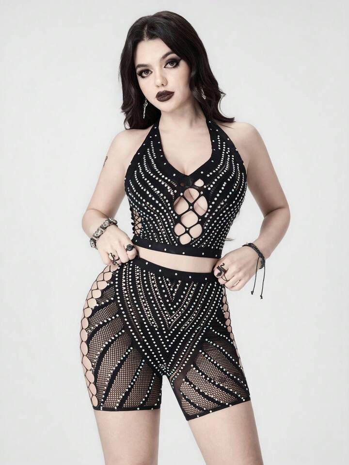 Women's Gothic Criss-Cross Halter Lace-Up Briefs & Rhinestone Mesh Lingerie Set