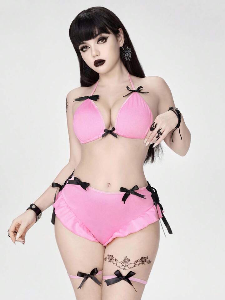 J-Fashion 4pcs Y2K Harajuku Babe Triangle Bra, Panty, Leg Garter, Fishnet Lingerie Set For Women