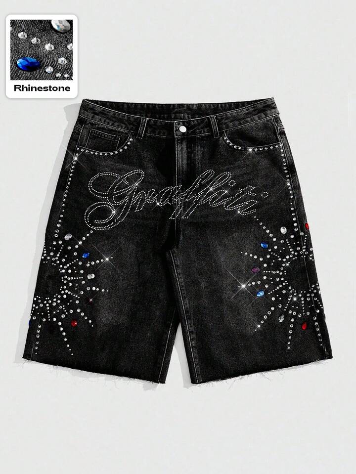 Street Life Men's Summer Casual Rhinestone Decor Slant Pocket Washed Denim Shorts