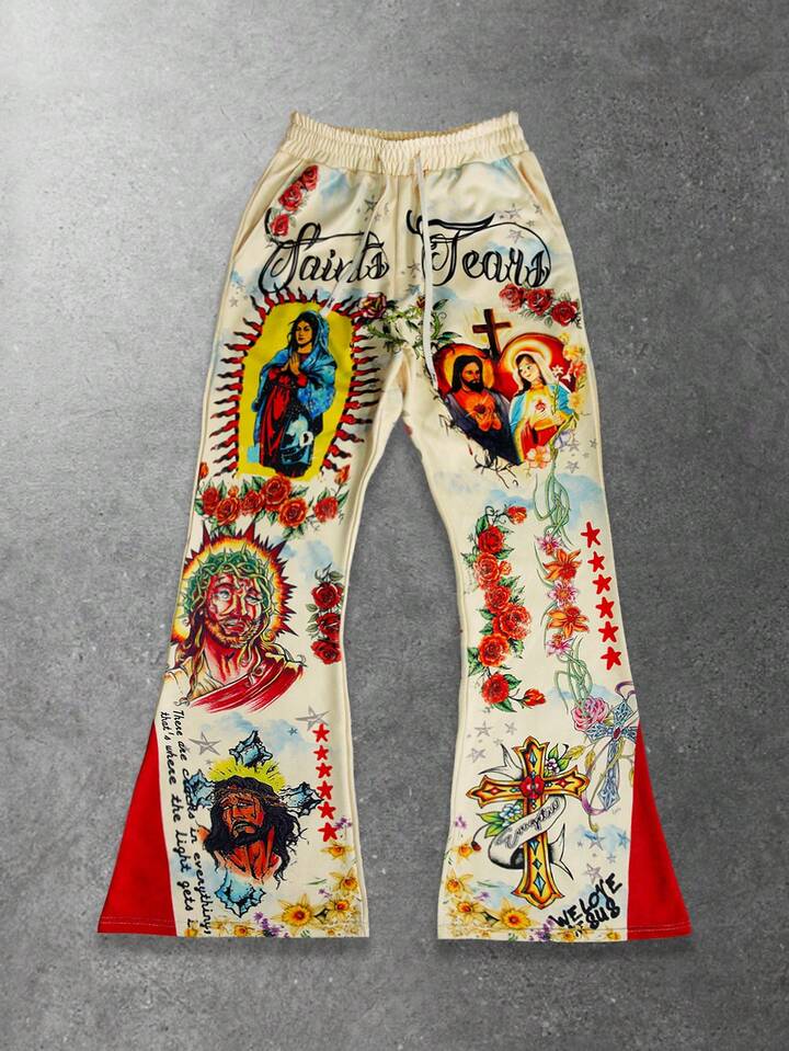 Men's Casual Fashionable Street Jesus, Virgin Mary, Cross, Floral Print Drawstring Waist Flare Pants, Couple Matching