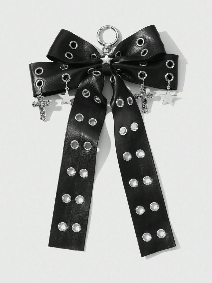 Grunge Punk 1pc Y2K Retro Punk Chic High-End Dark Gothic Style Black Leather Double-Layer Hollow Bowknot Star Cross Pendant DIY Keychain Bag Charm, Suitable For Women, Daily Wear Or Gift