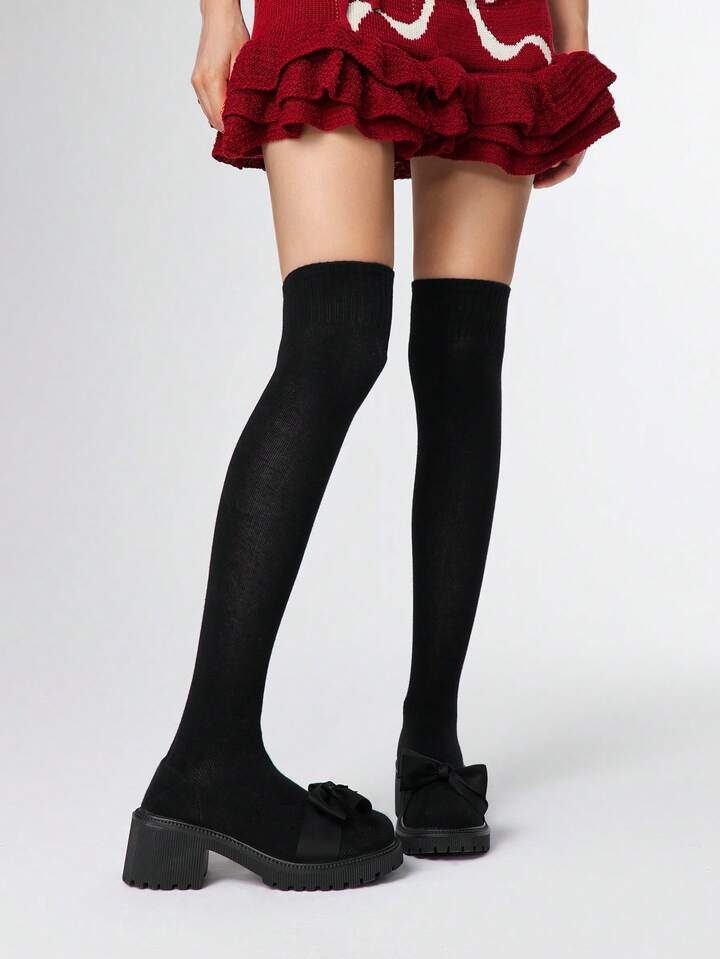 Brown Thigh High Boots, Slip-On Elastic Tall Boots, Wedge Heel Thick Sole Gothic Boots For Women For Christmas