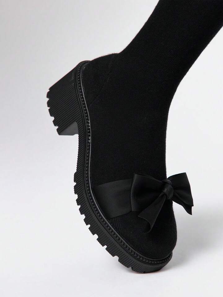 Brown Thigh High Boots, Slip-On Elastic Tall Boots, Wedge Heel Thick Sole Gothic Boots For Women For Christmas