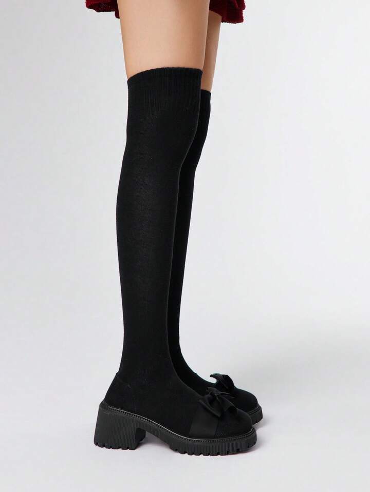 Brown Thigh High Boots, Slip-On Elastic Tall Boots, Wedge Heel Thick Sole Gothic Boots For Women For Christmas 4 Brown Thigh High Boots, Slip-On Elastic Tall Boots, Wedge Heel Thick Sole Gothic Boots For Women For Christmas
