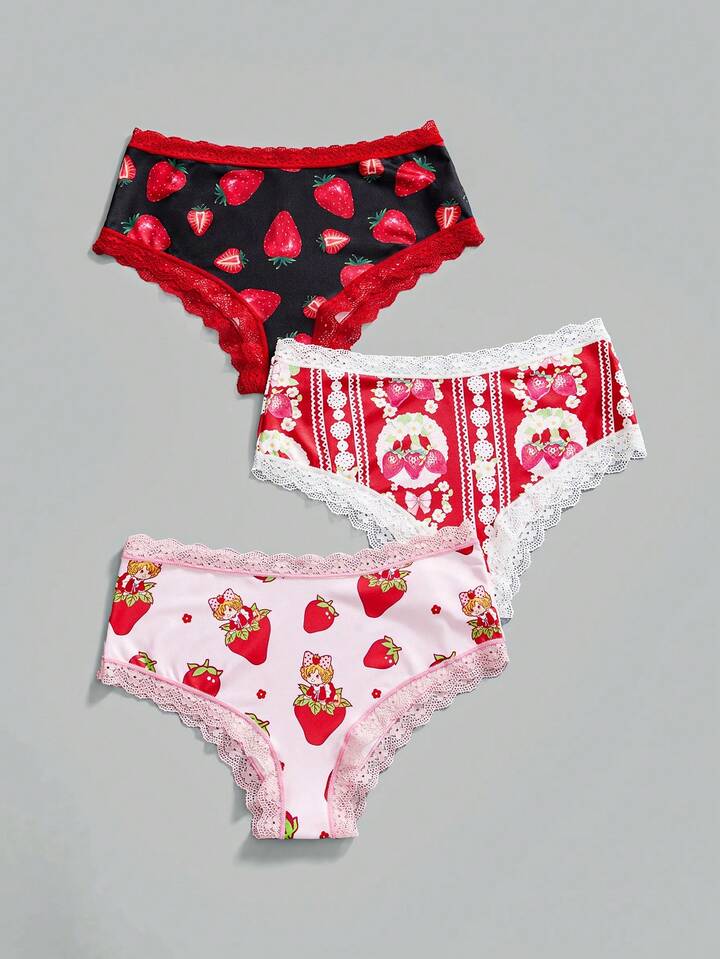 Kawaii 3pcs/Set Strawberry & Cartoon Print Lace Patchwork Fashion Briefs
