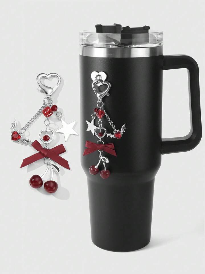 Kawaii 1pc Y2K Chic & Sweet Fashion Delicate Personalized High-Quality Silver Hollow Chain Crystal Ball Dice Wing Water Diamond Heart Star Ribbon Bow Cherry Resin Pendant DIY Keychain, Bag Charm, Cup Hanger, Phone Charm, Comes With Phone Holder & Heart Sticker, Suitable For Women, Girls, Daily Wear, Holiday Gift