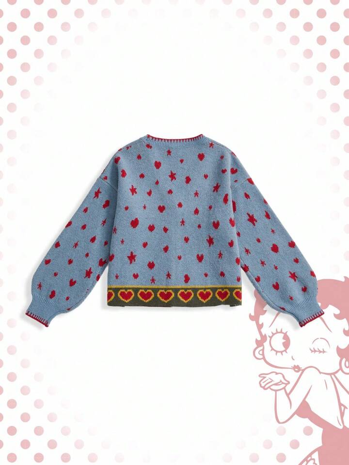 Betty Boop | ROMWE Y2K Heart & Star Cartoon Figure Pattern V-Neck Women Cardigan 2 Betty Boop | ROMWE Plus Size Y2K Heart & Star Betty Pattern Cardigan