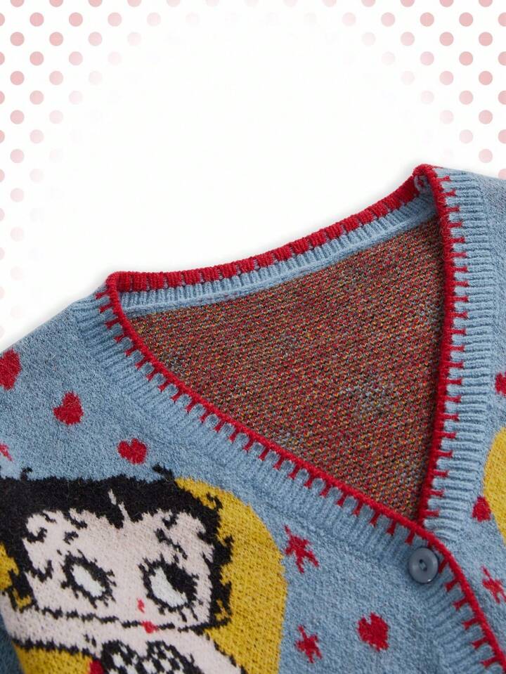 Betty Boop | ROMWE Y2K Heart & Star Cartoon Figure Pattern V-Neck Women Cardigan 3 Betty Boop | ROMWE Plus Size Y2K Heart & Star Betty Pattern Cardigan