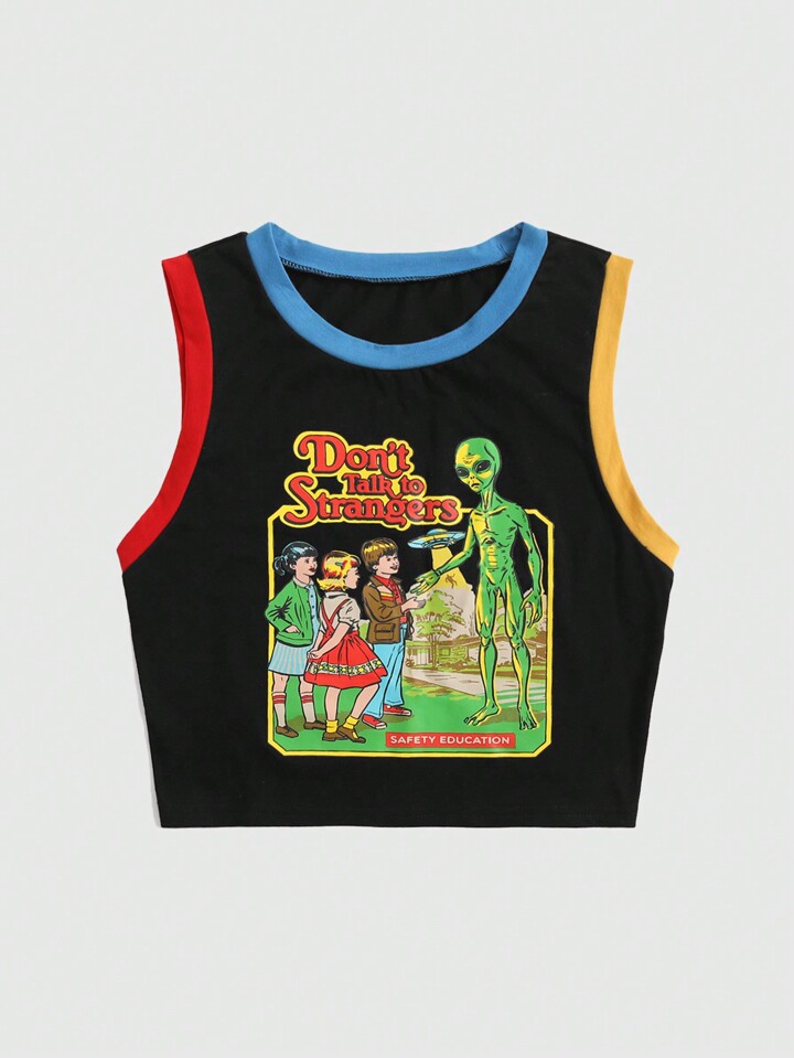 Stevenrhodes Street Life Slogan & Alien Graphic Contrast Binding Crop Top, School