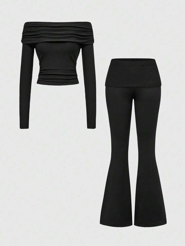 1 Set Off-Shoulder Bodysuit & High-Waisted Flared Yoga Pants