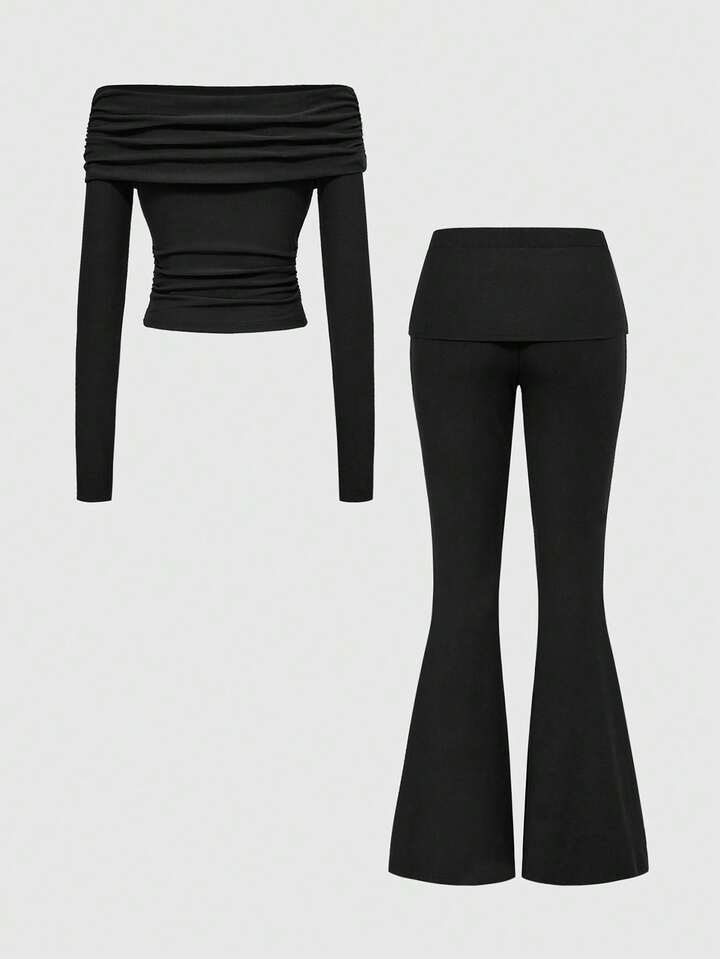 1 Set Off-Shoulder Bodysuit & High-Waisted Flared Yoga Pants