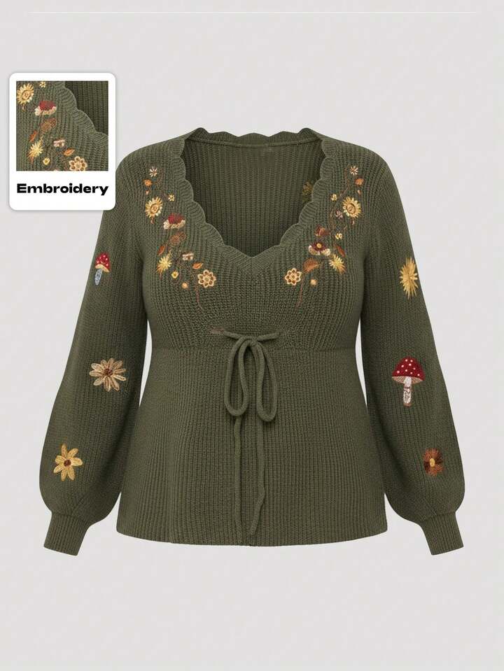 Fairycore Plus Size Vintage Cottagecore Cornflower, Mushroom, Wild Flower & Botanical Print Elegant Pullover Sweater, Autumn/Winter Plus Size Olive Green Sweater Top For Women