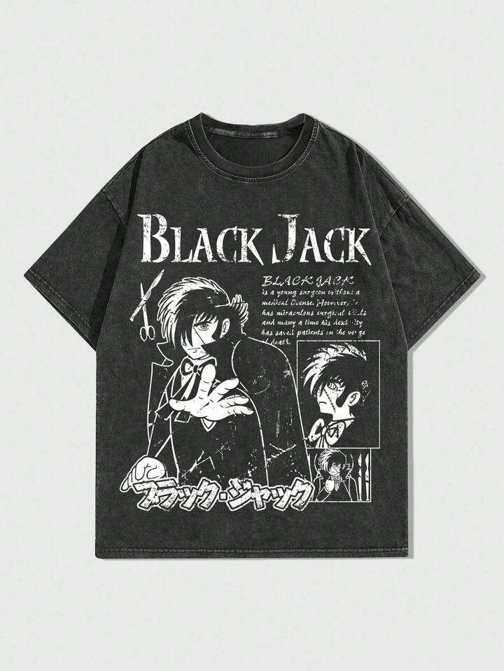 Black Jack X ROMWE Men's Casual Cartoon Figure Graphic & Slogan Graphic Washed Loose Fit T-Shirt, Summer