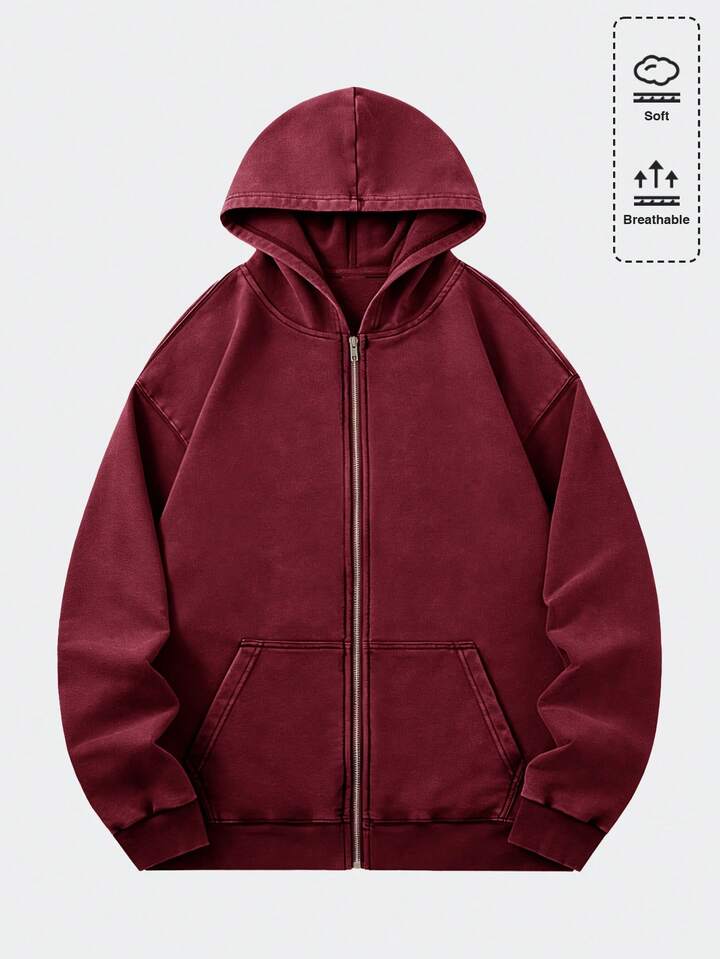 Casual Men's Vintage Washed Loose Fit Metal Zipper Sweatshirt Hoodie Jacket (Reinforced Collar, Hem, Shoulder Seams To Prevent Deformation)
