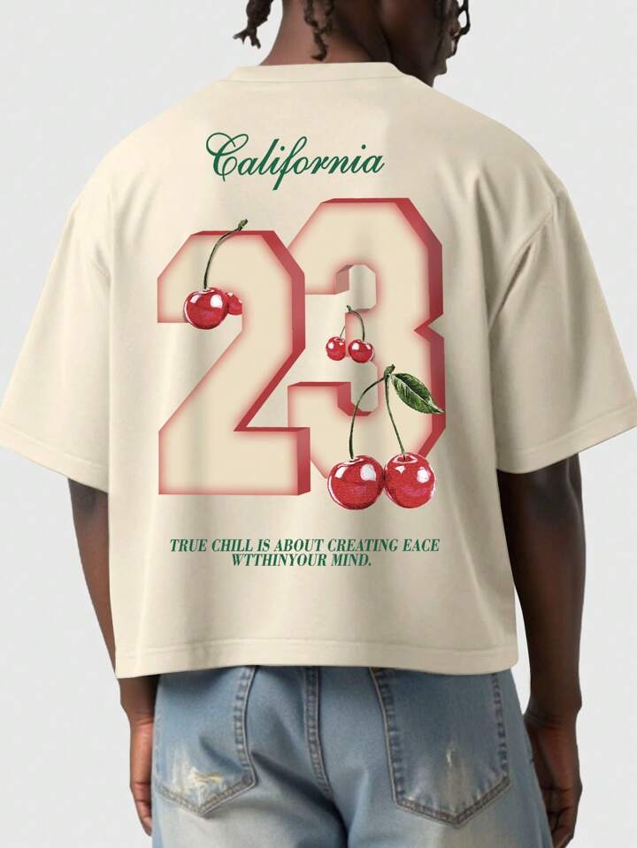 Casual Men's Y2K Streetwear US City Name Slogan & Cherry Fruit Print Short Sleeve T-Shirt, Suitable For Spring And Summer Daily Wear