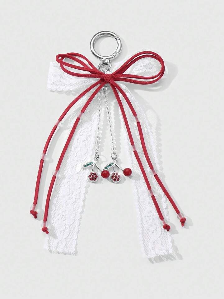 Kawaii 1pc Ins Style Aesthetic Elegant Velvet Rope Net Bow Rhinestone Cherry Design Keychain, Versatile Accessory, Suitable For Women Daily Wear, Holiday Gift