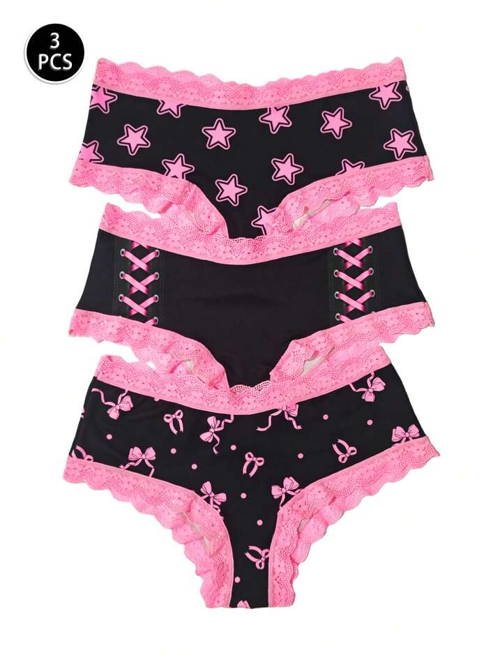 Kawaii 3pcs Bow & Star Cute-Sweet Lace Patchwork Women Panties Set, For Valentine's Day