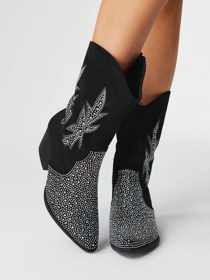 Fairycore 2025 Fashion Black Suede Rhinestone Pointed Toe Side Zipper Chunky Heel Mid-Calf Boots, Riding Boots,