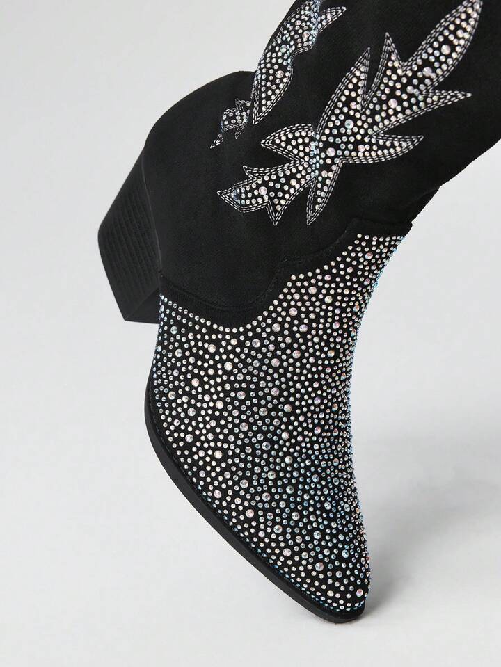 Fairycore 2025 Fashion Black Suede Rhinestone Pointed Toe Side Zipper Chunky Heel Mid-Calf Boots, Riding Boots,