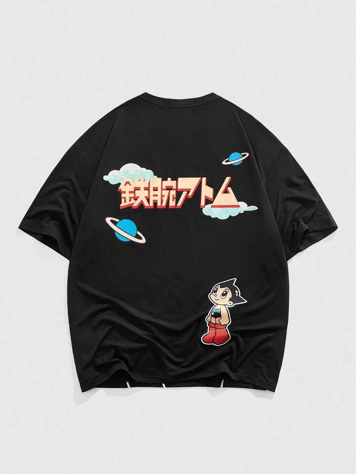 Astro Boy X ROMWE Men's Cartoon Print Loose Short Sleeve T-Shirt, Suitable For Daily Wear In Spring/Summer