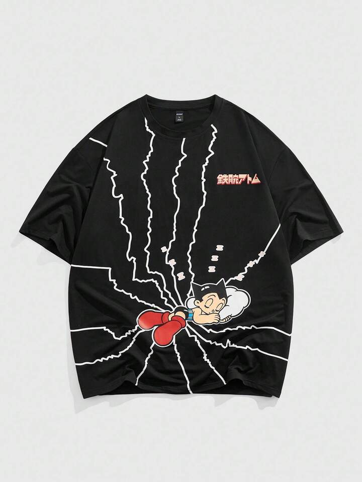 Astro Boy X ROMWE Men's Cartoon Print Loose Short Sleeve T-Shirt, Suitable For Daily Wear In Spring/Summer