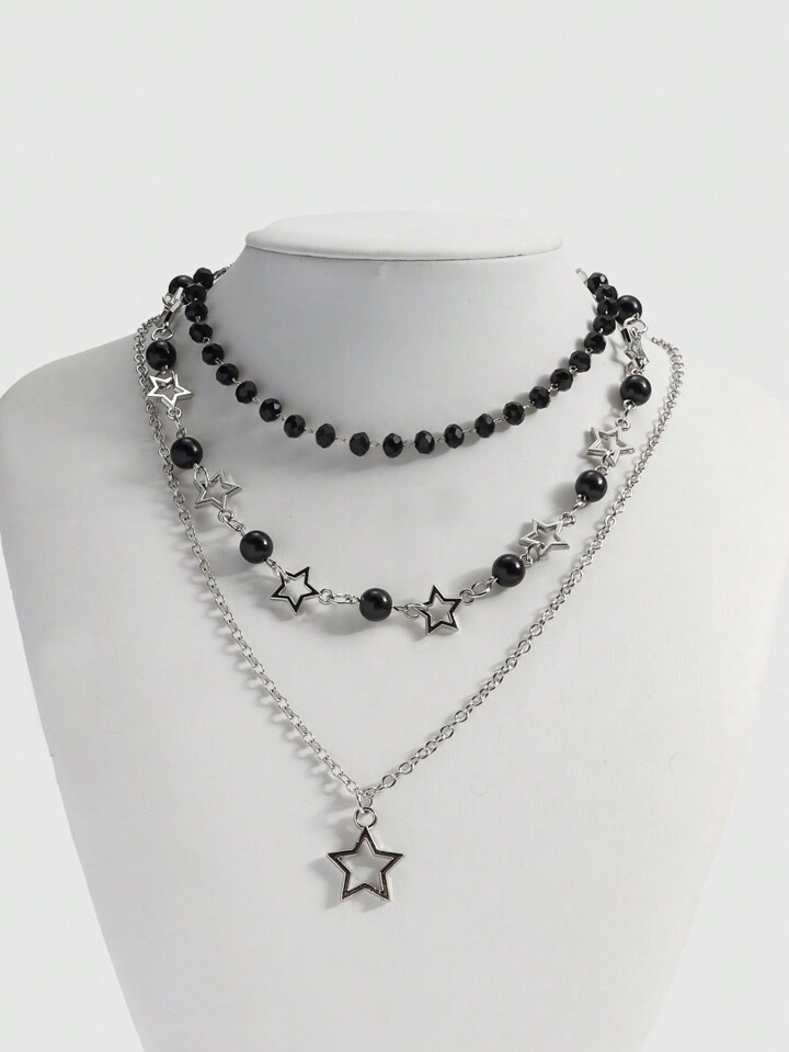 3pcs Fall Gothic Y2K Style Star Beaded Pendant Necklace, Suitable For Daily, Festival, Party, School, Commuting Wear, Exquisite Holiday Gift For Teenage Girls, Halloween