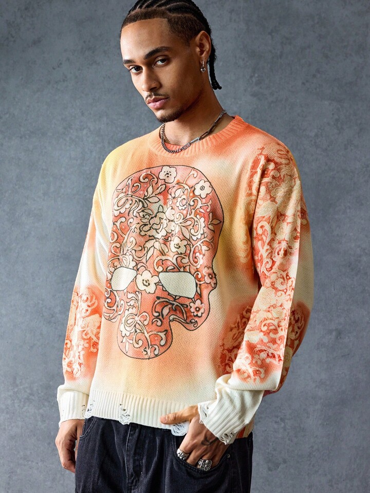 Street Life Men's Crew Neck Skull Pattern Knit Sweater, Streetwear, Halloween