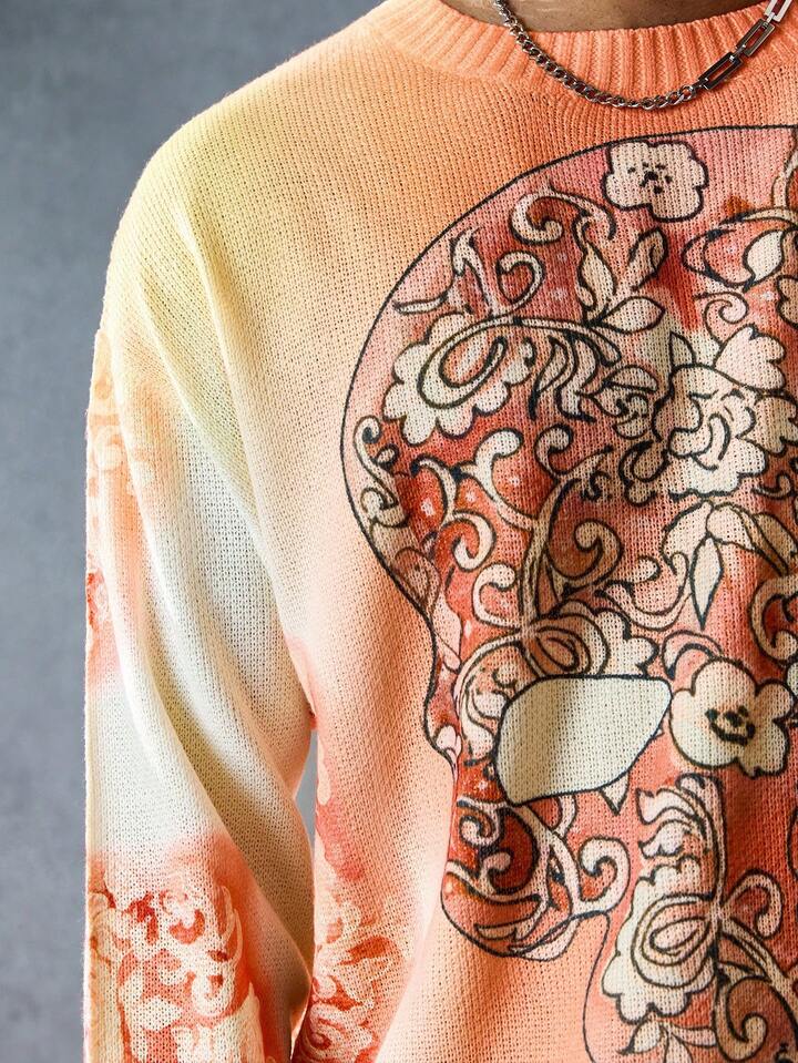 Street Life Men's Crew Neck Skull Pattern Knit Sweater, Streetwear, Halloween