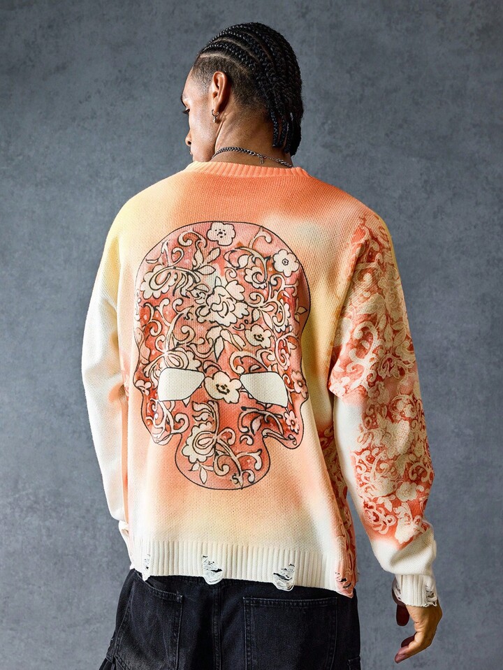 Street Life Men's Crew Neck Skull Pattern Knit Sweater, Streetwear, Halloween