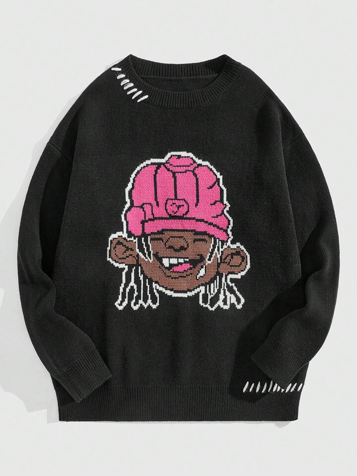 Street Life Men's Crew Neck Hip Hop Graffiti Cartoon Character Jacquard Knit Sweater