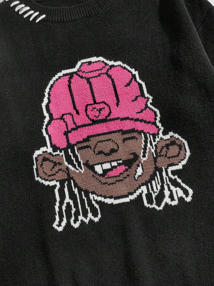 Street Life Men's Crew Neck Hip Hop Graffiti Cartoon Character Jacquard Knit Sweater