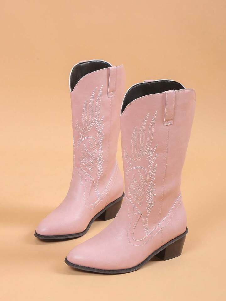 Kawaii Women's Embroidery Mid-Calf Pink Cowboy Boots Spring Shoes For Christmas