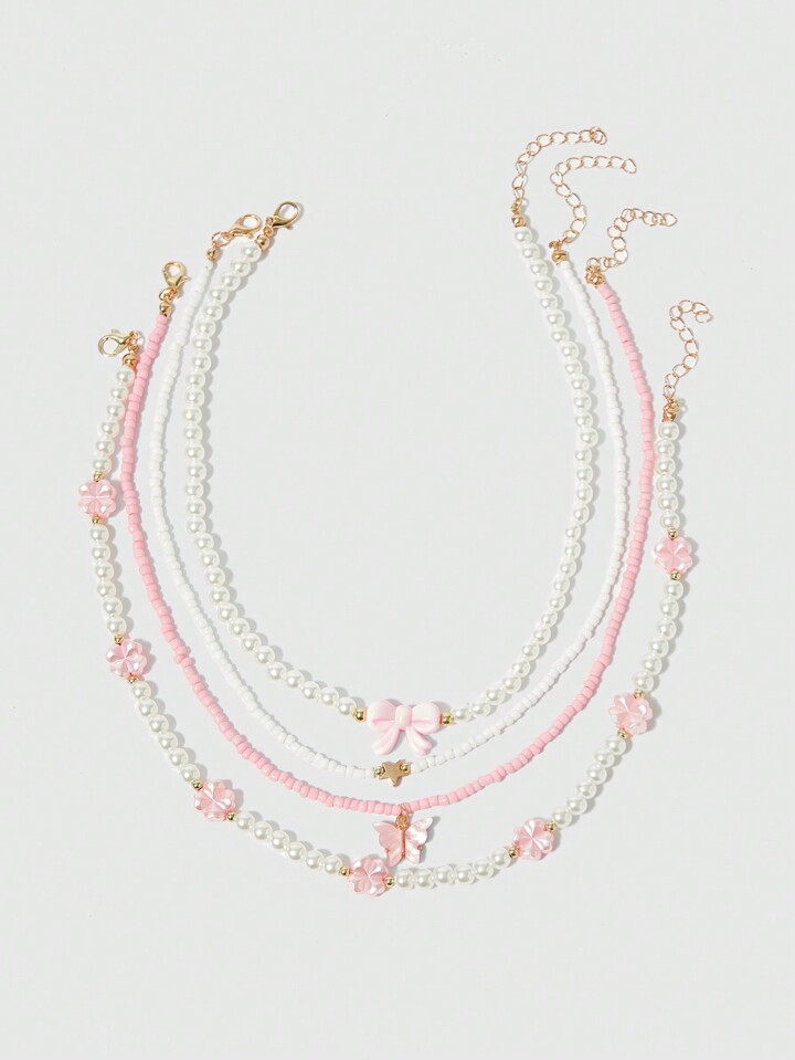 Kawaii 4pcs Pink Heart & Butterfly Pendant Faux Pearl Beaded Necklace Valentines