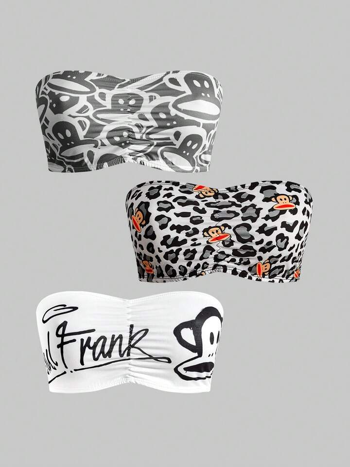 Paul Frank X ROMWE 3pcs Monkey Print Ruched Bandeau Bras