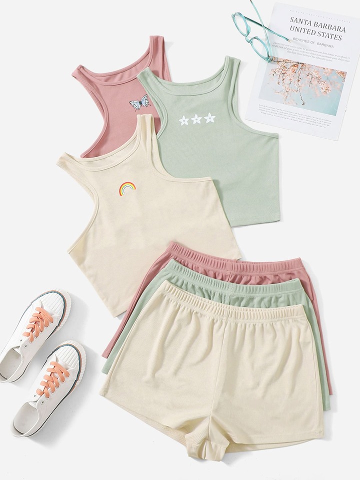 3sets Graphic Lounge Tank Top & Shorts Outfit