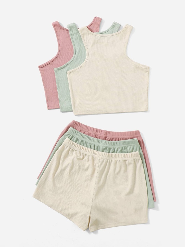 3sets Graphic Lounge Tank Top & Shorts Outfit
