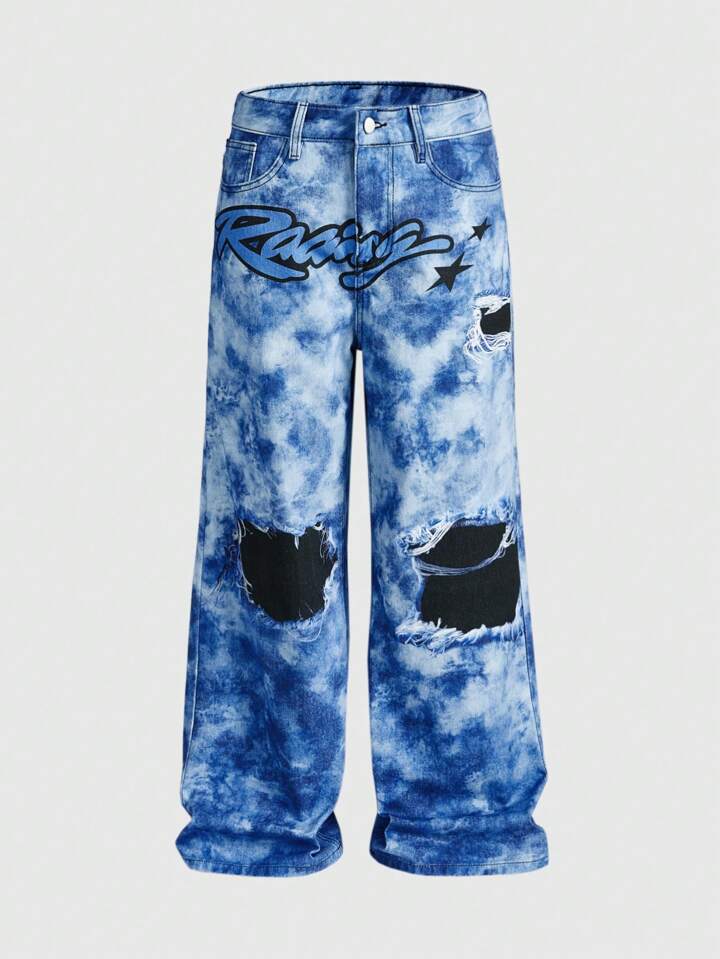 Street Life Men's Fashion Tie-Dye Letter Print Jeans