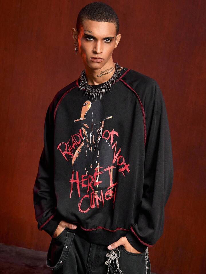 A Nightmare on Elm Street X ROMWE Men's Casual Daily Letter & Figure Graphic Crew Neck Sweatshirt , Fall