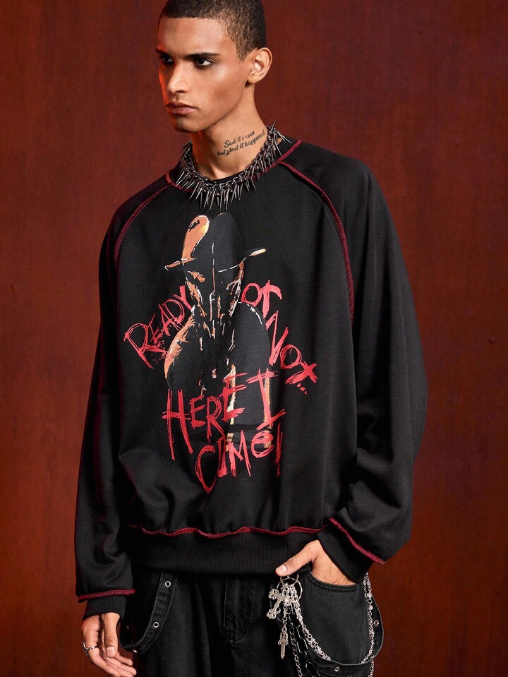 A Nightmare on Elm Street X ROMWE Men's Casual Daily Letter & Figure Graphic Crew Neck Sweatshirt , Fall